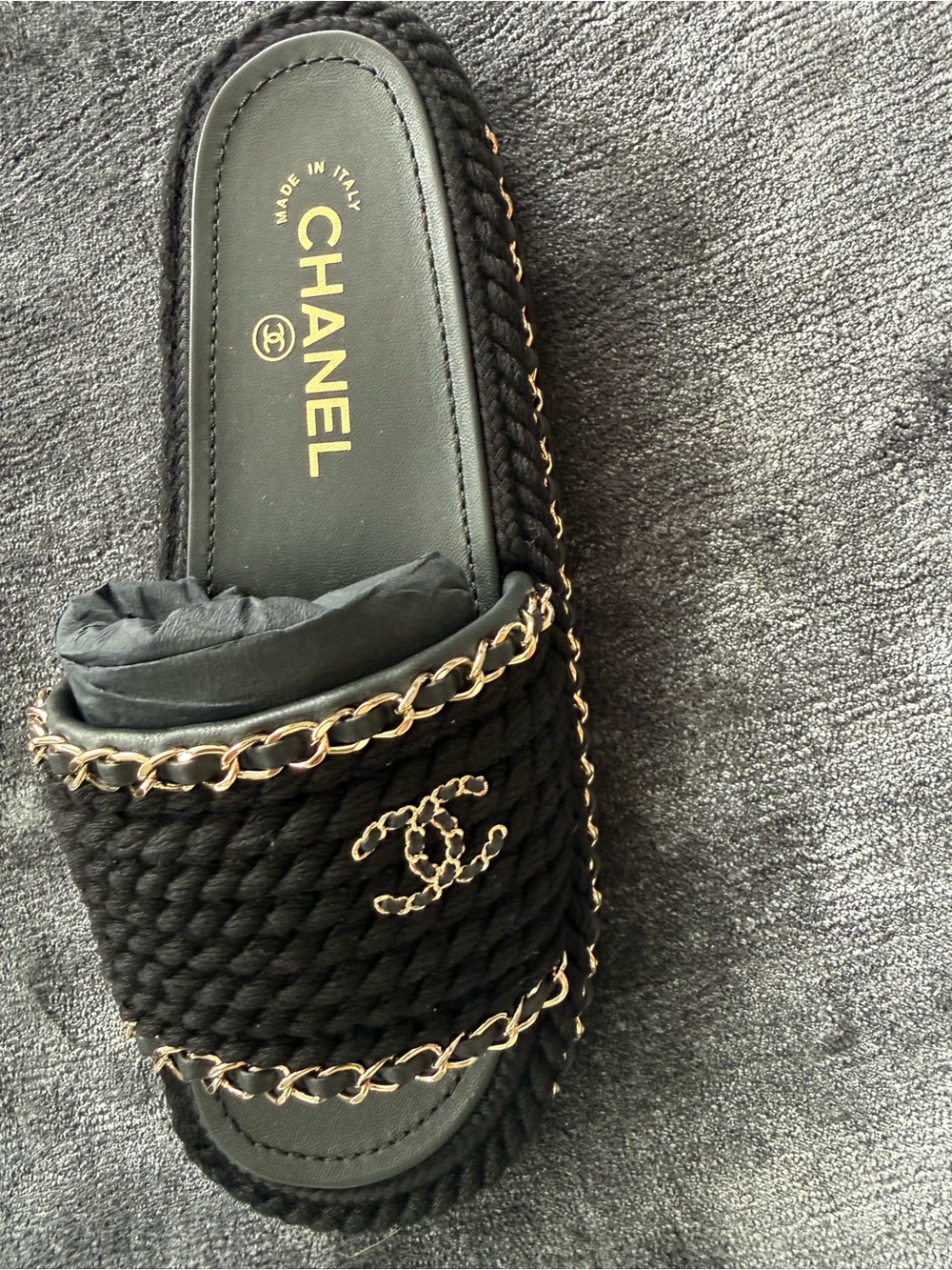 CHANEL Black Quilted Slide Sandals with Gold Chain - Picture 2 of 7